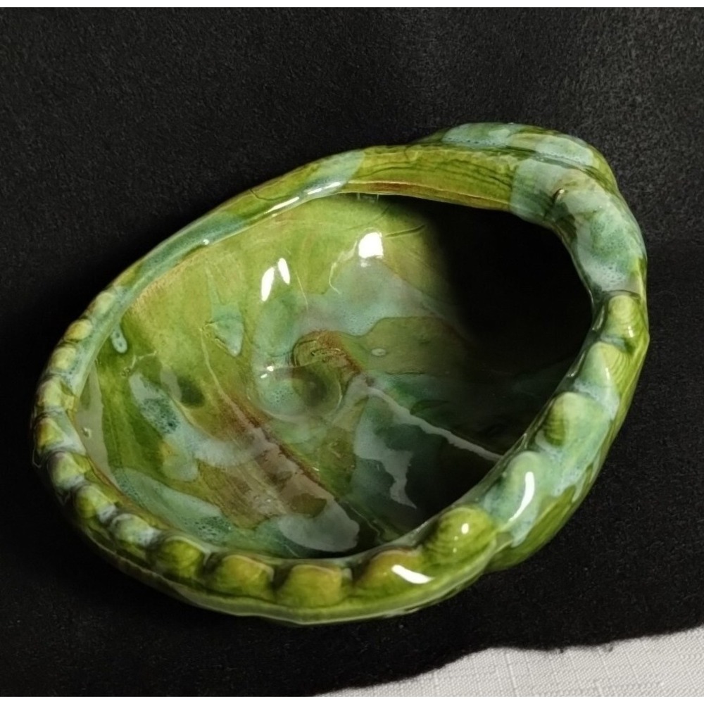MCM USA Pottery Sea Shell Ashtray Earthy Green Blue Brown Drip Glaze Red Clay 9"